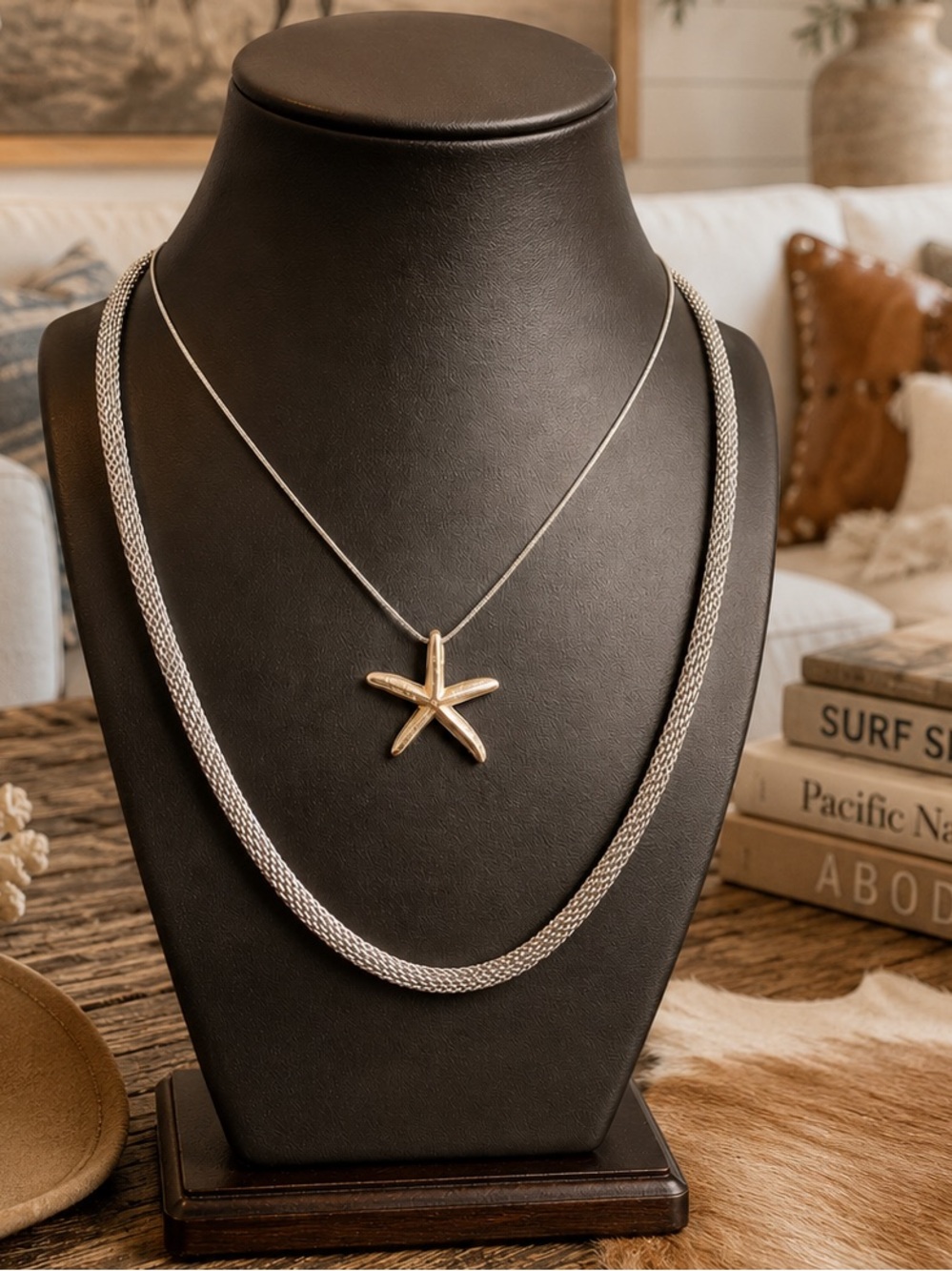 Brighton Starfish Necklace Set 26” Mesh Chain & 925 Sterling Sand Dollar Pendant
